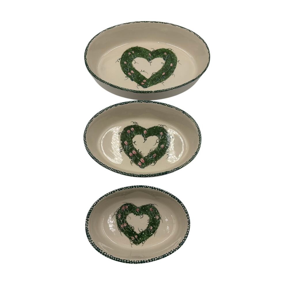 Vintage Granny Cottage Oval Ceramic Heart Green Spongeware Nesting 3 Bowls